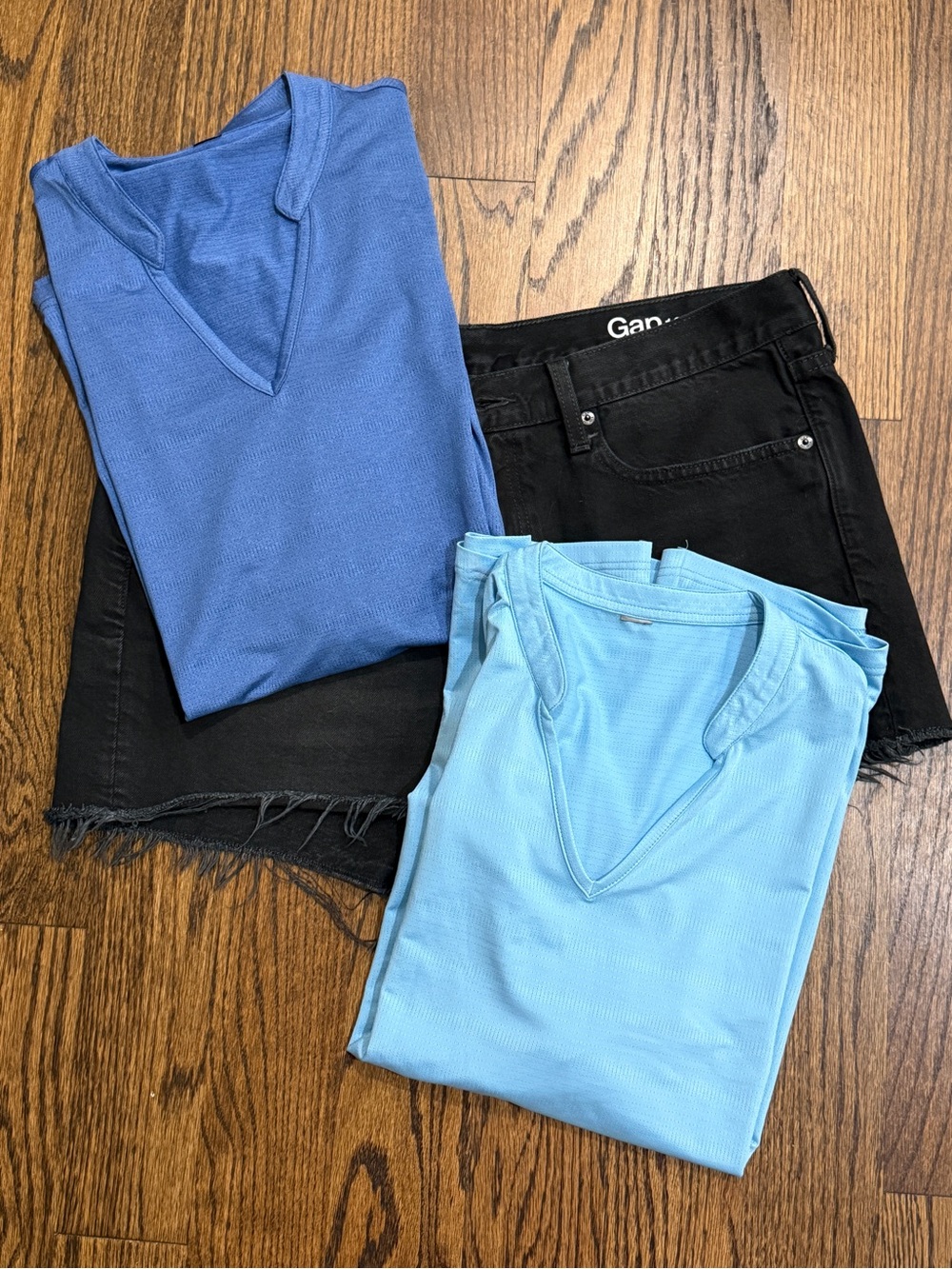 Gap Frayed Faded Black Denim Jean Shorts and Two Blue Athletic  Tops